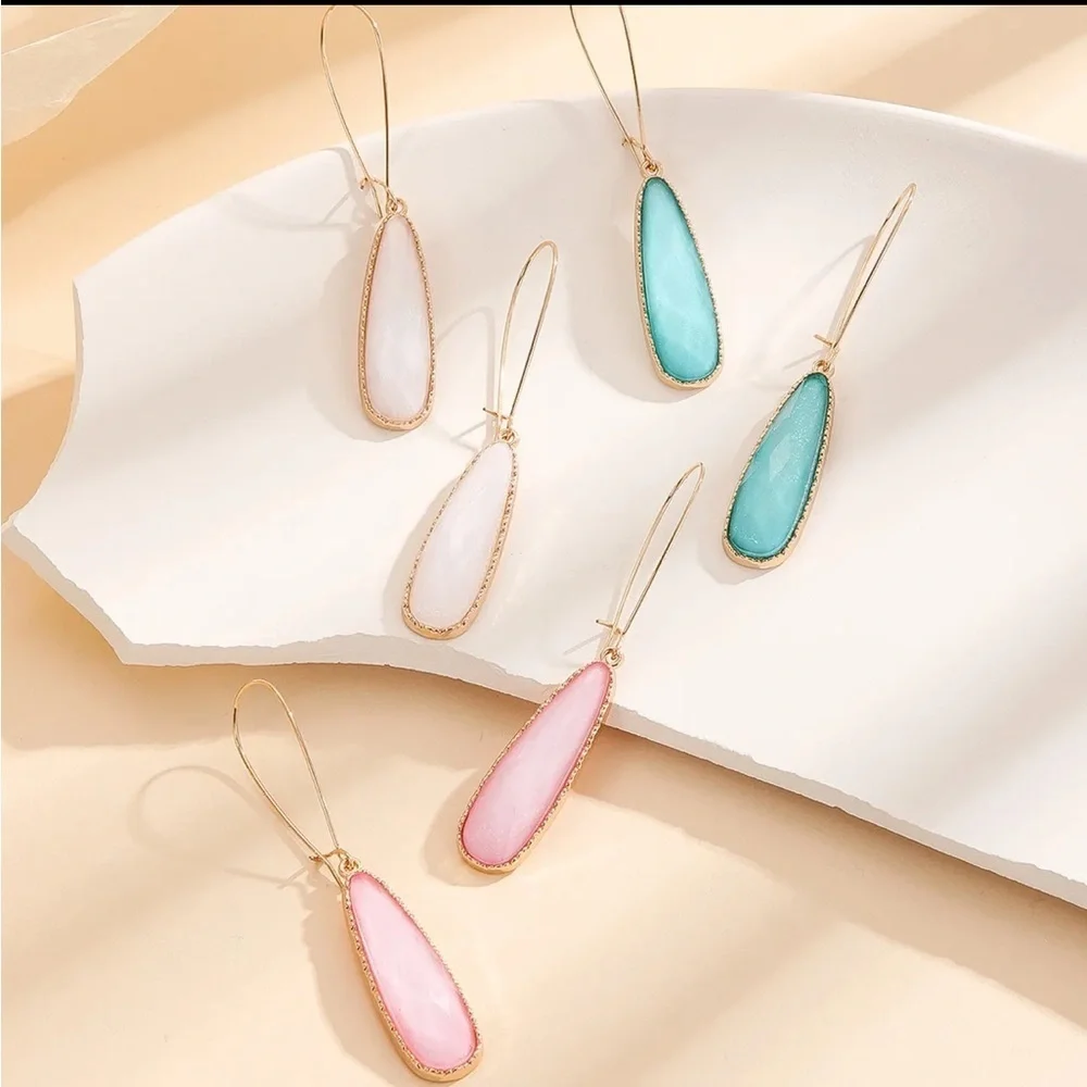 3 Pairs Gold Geometric Gemstone Drop Earrings